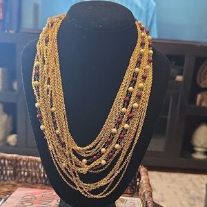 Elegant Goldtone and Red Beaded Acrylic Layered Necklace